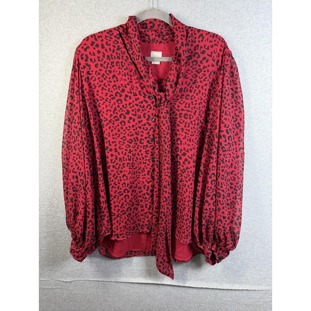 Chico's Blouse Womens 16 (Chicos 3) Red Leopard Print Tie Neck